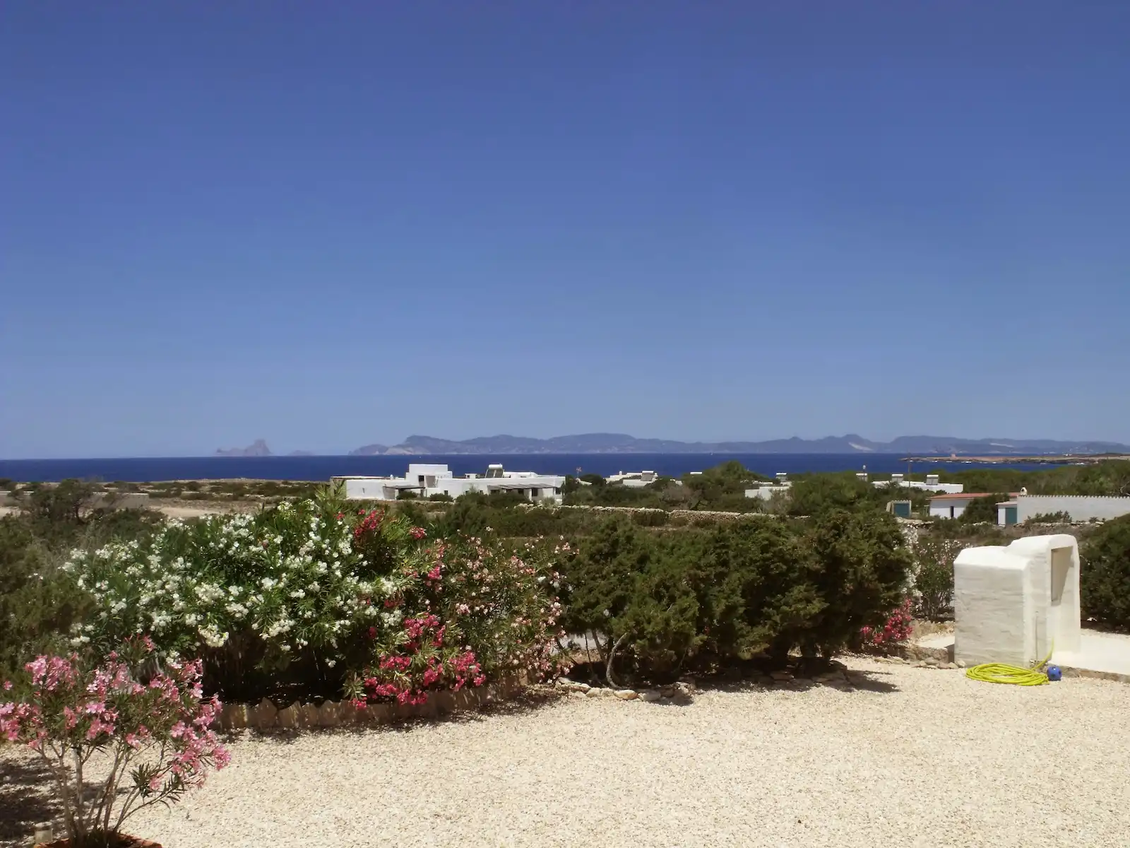 Mediteranska okućnica s oleanderom i pogledom na more karakteristična za otok Pag